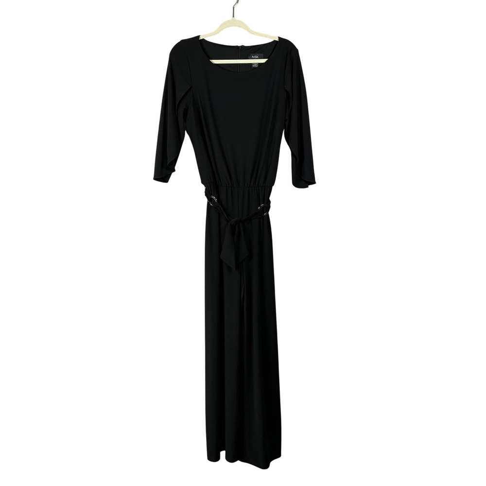 MSK Womens Black Split Tulip Sleeve O-Ring Belted Wide Leg Jumpsuit Size L